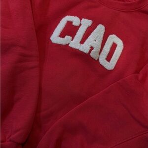 Pink Rose Red Crewneck Sweater with White 'CIAO' Chenille Letters